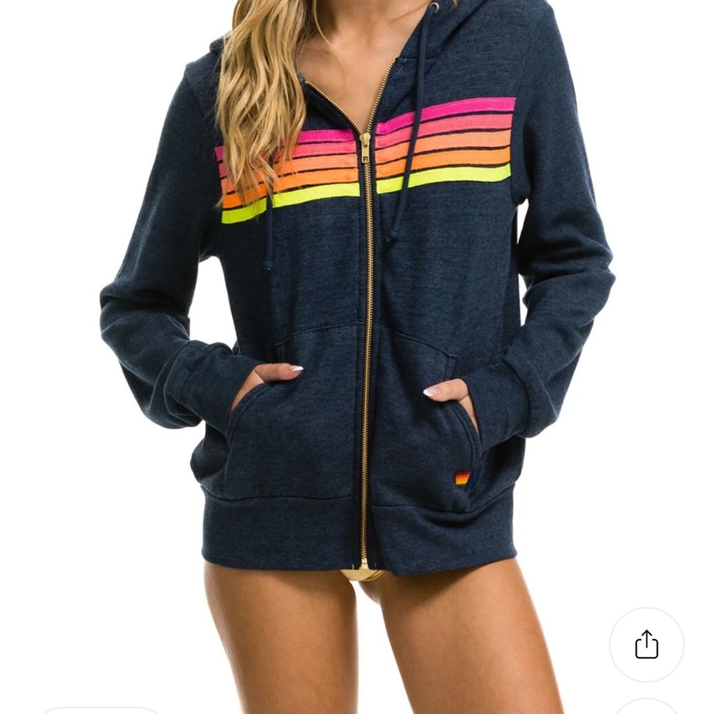 Aviator Nation Dark Blue Hoodie with Multicolor Stripes